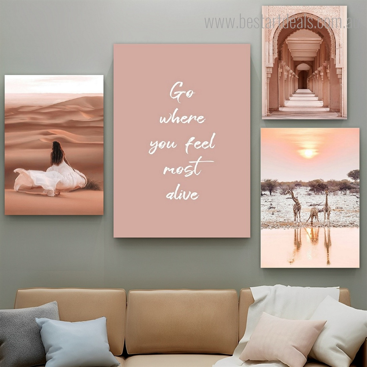 Go Where You Feel Female Quotes Abstract 4 Piece Framed Painting Set Scandinavian Photograph Print on Canvas for Wall Hanging Arrangement