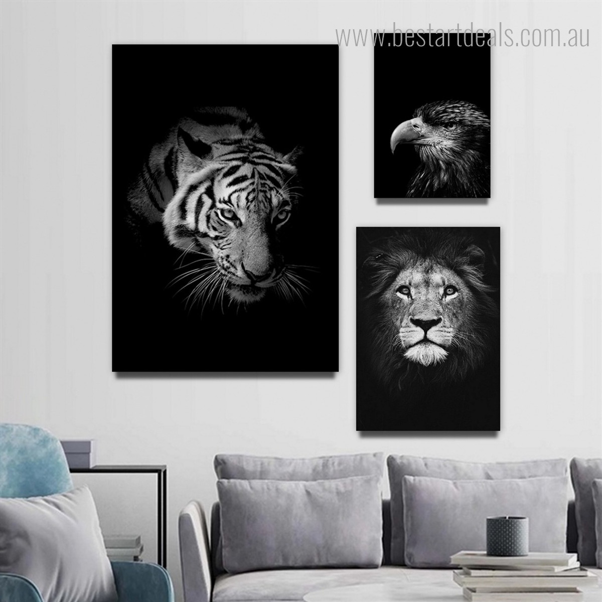Tiger Lion Eagle Animal Modern Photograph 3 Piece Framed Artwork Set Stretched Abstract Canvas Print for Room Wall Garnish