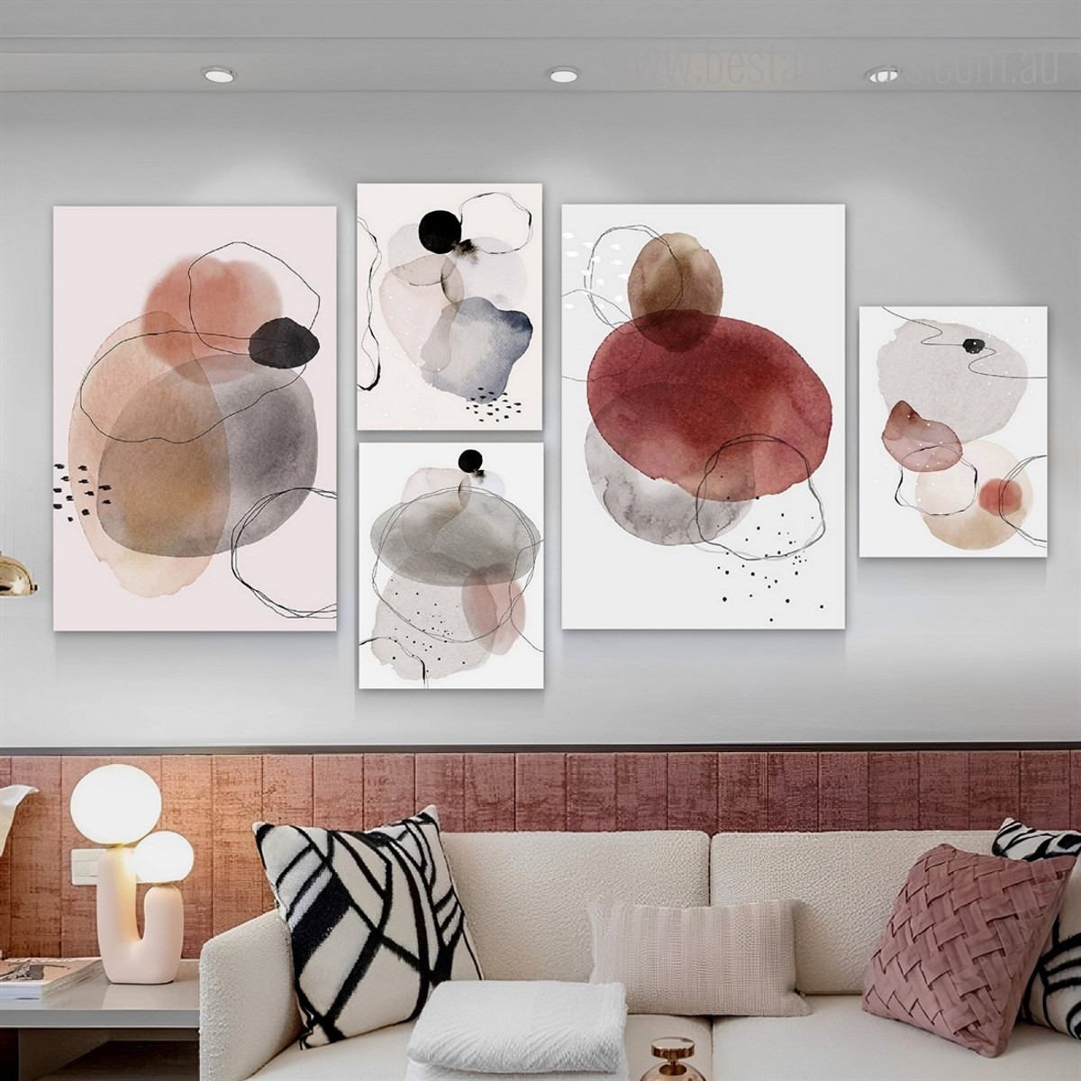 Roundly Splash Polka Spots Modern Abstract Stretched Minimalist Photograph 5 Piece Canvas Art Prints Set for Room Wall Hanging Finery