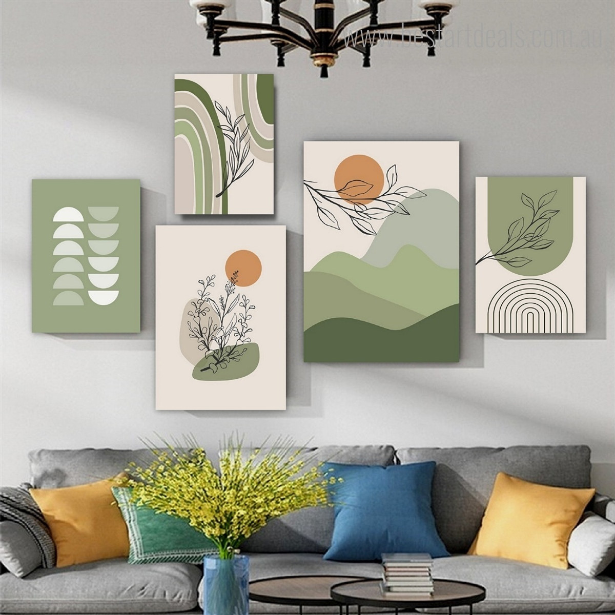 Mount Leaflets Strokes Botanical Scandinavian 5 Piece Framed Wrapped Rolled Wall Artwork Landscape Photograph Print on Canvas for Room Decor