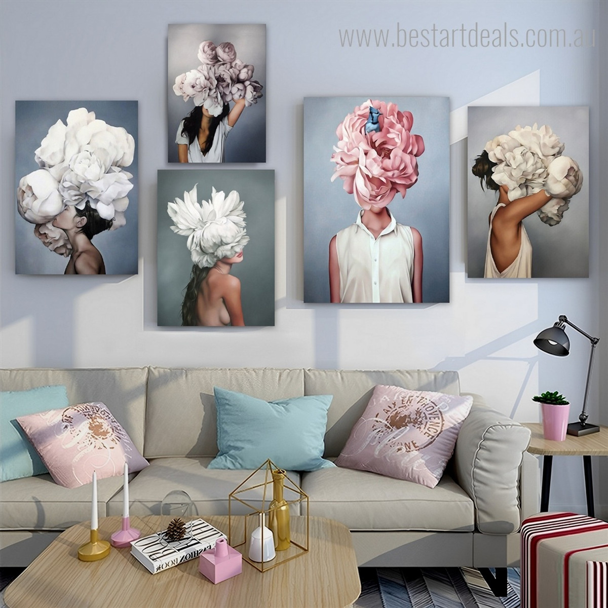 Feme Blossom Cover Mask Females Modern Photograph 5 Piece Framed Artwork Set Stretched Floral Figure Canvas Print for Room Wall Garnish