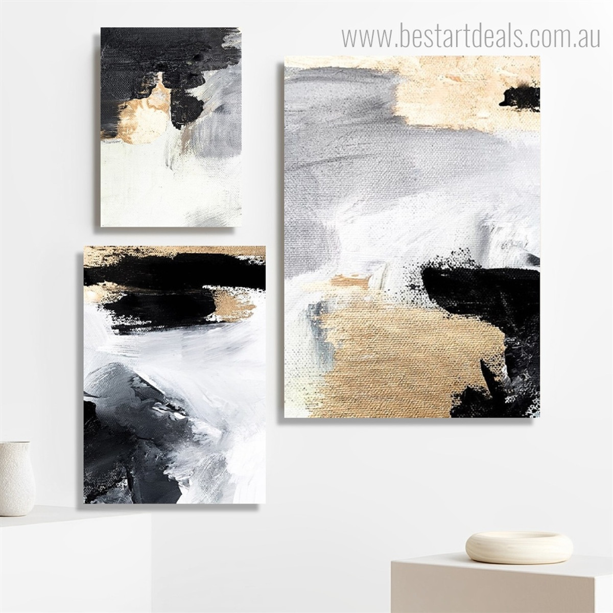 Multi Colour Splotches Modern Photograph 3 Piece Framed Canvas Print Set Abstract Artwork Wrapped Rolled for Room Wall Garniture