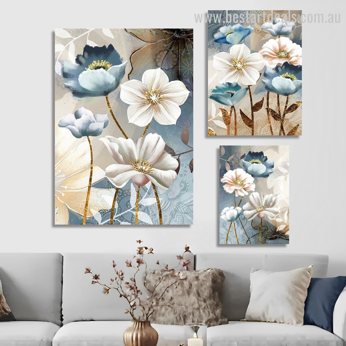 Blue And White Daffodils Modern Floral Stretched Abstract Photograph 3 Piece Framed Wall Art Set Canvas Print for Room Flourish