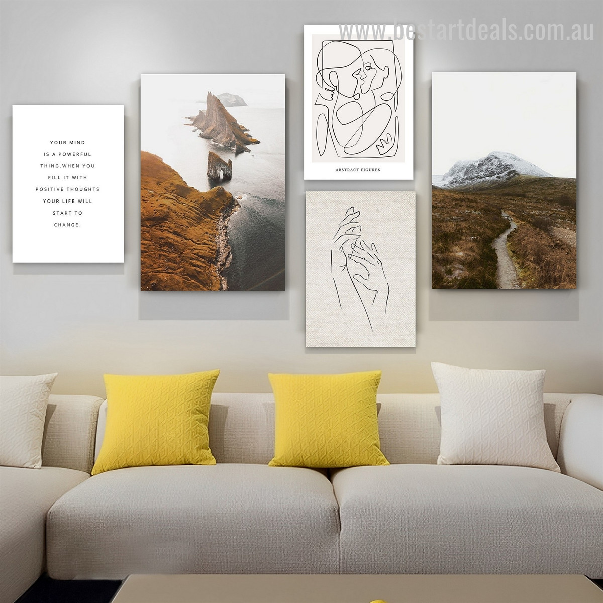 Faroe Island Aqua Way Seascape Stretched Photograph Modern 5 Piece Framed Set Nature Canvas Print for Room Wall Art Getup