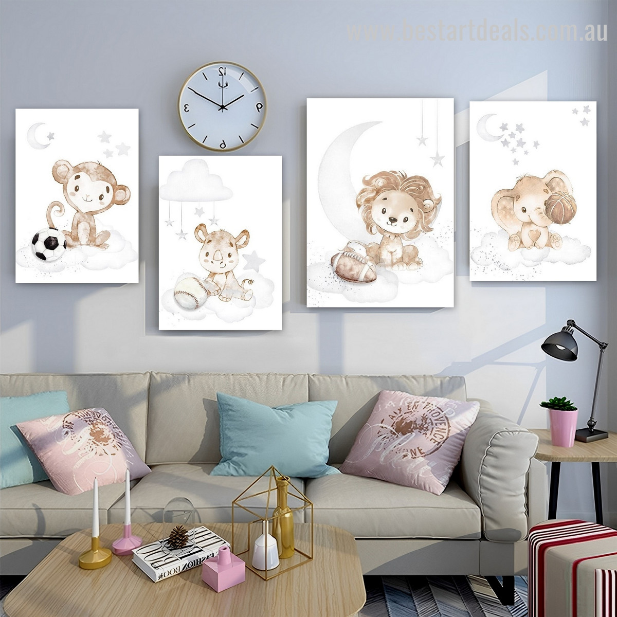 Cute Lion Monkey Cartoon Moon Modern Stretched Animal Photograph 4 Piece Framed Wall Art Set Canvas Print for Room Equipment