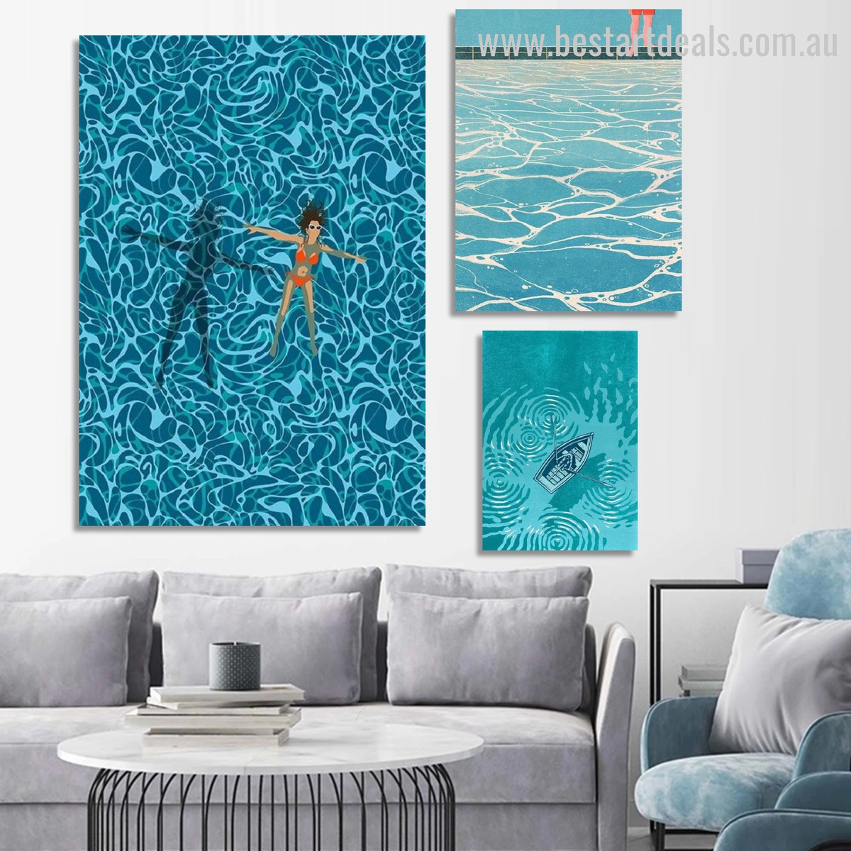 Aqua Swim Dona Water Modern Cityscape Cheap Wrapped Rolled 3 Piece Framed Wall Art Photograph Canvas Print for Room Moulding