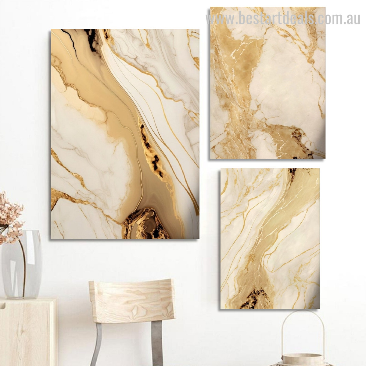 Golden Curved Tarnish Marble Modern Rolled Photograph 3 Piece Framed Canvas Prints Wall Artwork Set Abstract for Room Wall Ornament