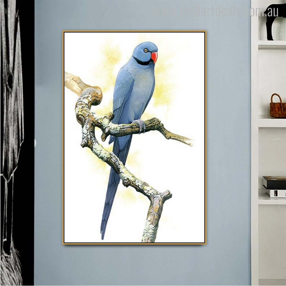 Blue Ring-neck Bird Animal Modern Painting Canvas Print for Wall Outfit