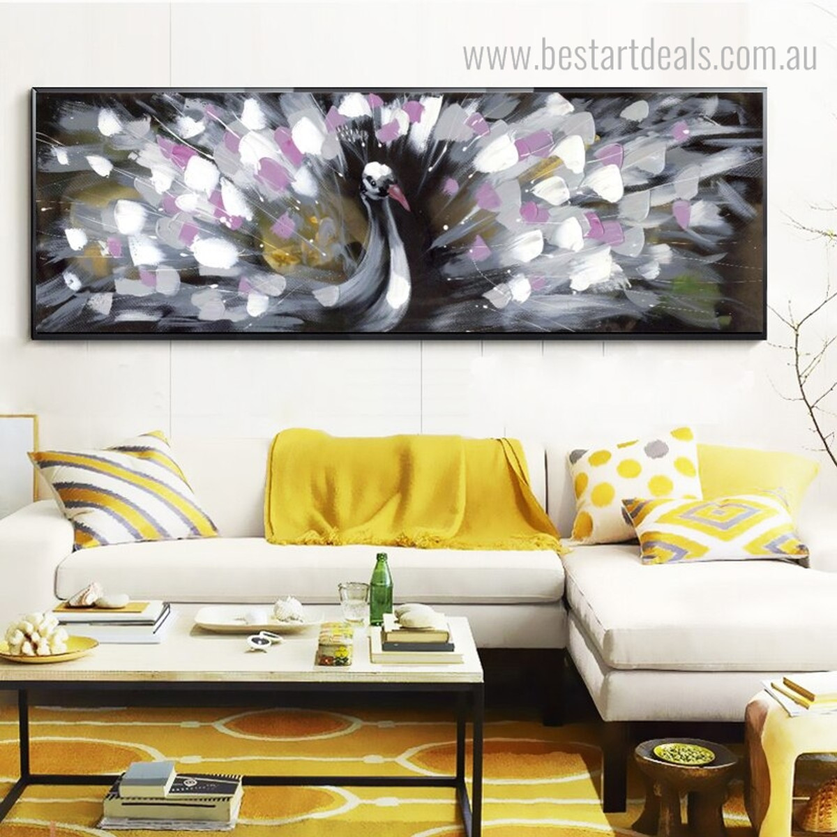 Pink Peacock Bird Panoramic Abstract Framed Palette Knife Acrylic Painting Photo Canvas Print Art for Living Room Wall Onlay