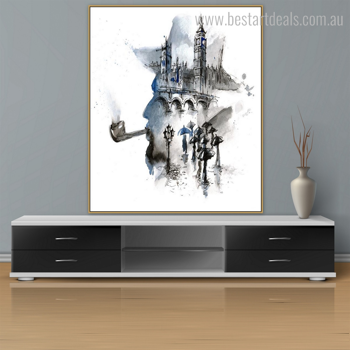 Smoking Man Abstract Watercolor Framed Cityscape Canvas Artwork Image Print for Room Wall Moulding