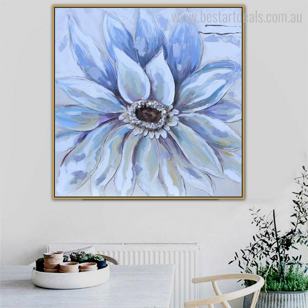 Bluish Bloom Abstract Watercolor Botanical Knife Painting Picture Canvas Print for Dining Room Wall Getup