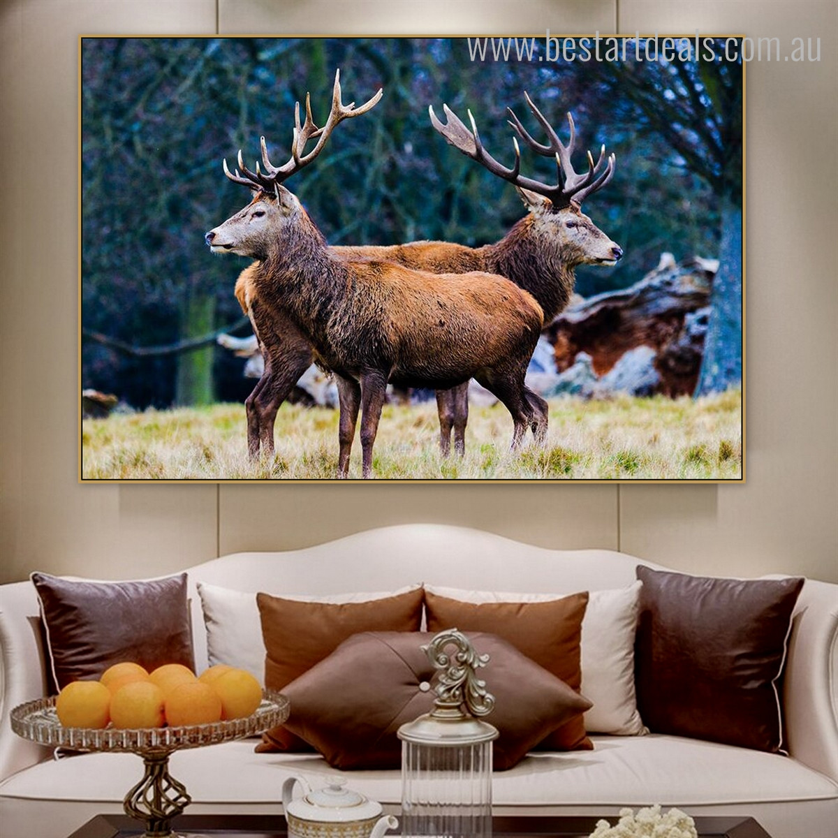 Elk Deer’s Botanical Animal Framed Modern Smudge Image Canvas Print for Room Wall Garniture