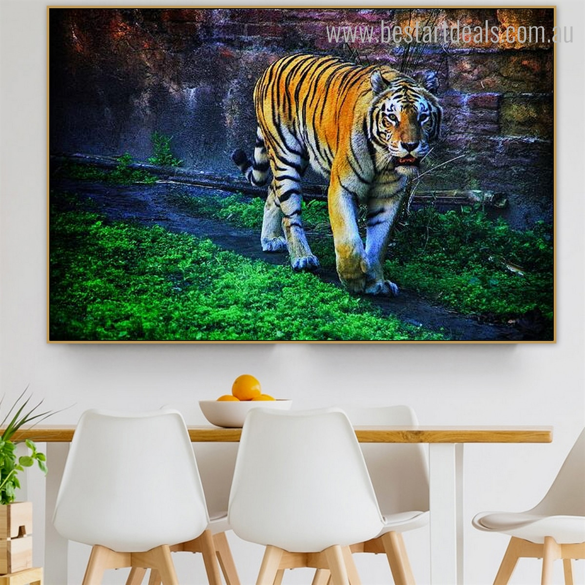 Wild Tiger Modern Animal Botanical Framed Vignette Photo Canvas Print for Dining Room Wall Decor