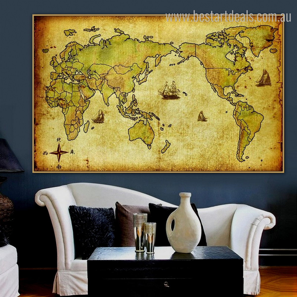 World Trace Vintage Framed Painting Picture Canvas Print for Room Wall Decor