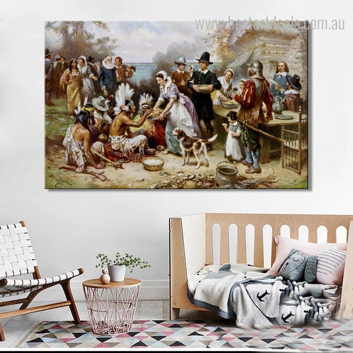 The First Thanksgiving Vintage Reproduction Painting Picture Canvas Print for Room Wall Decor