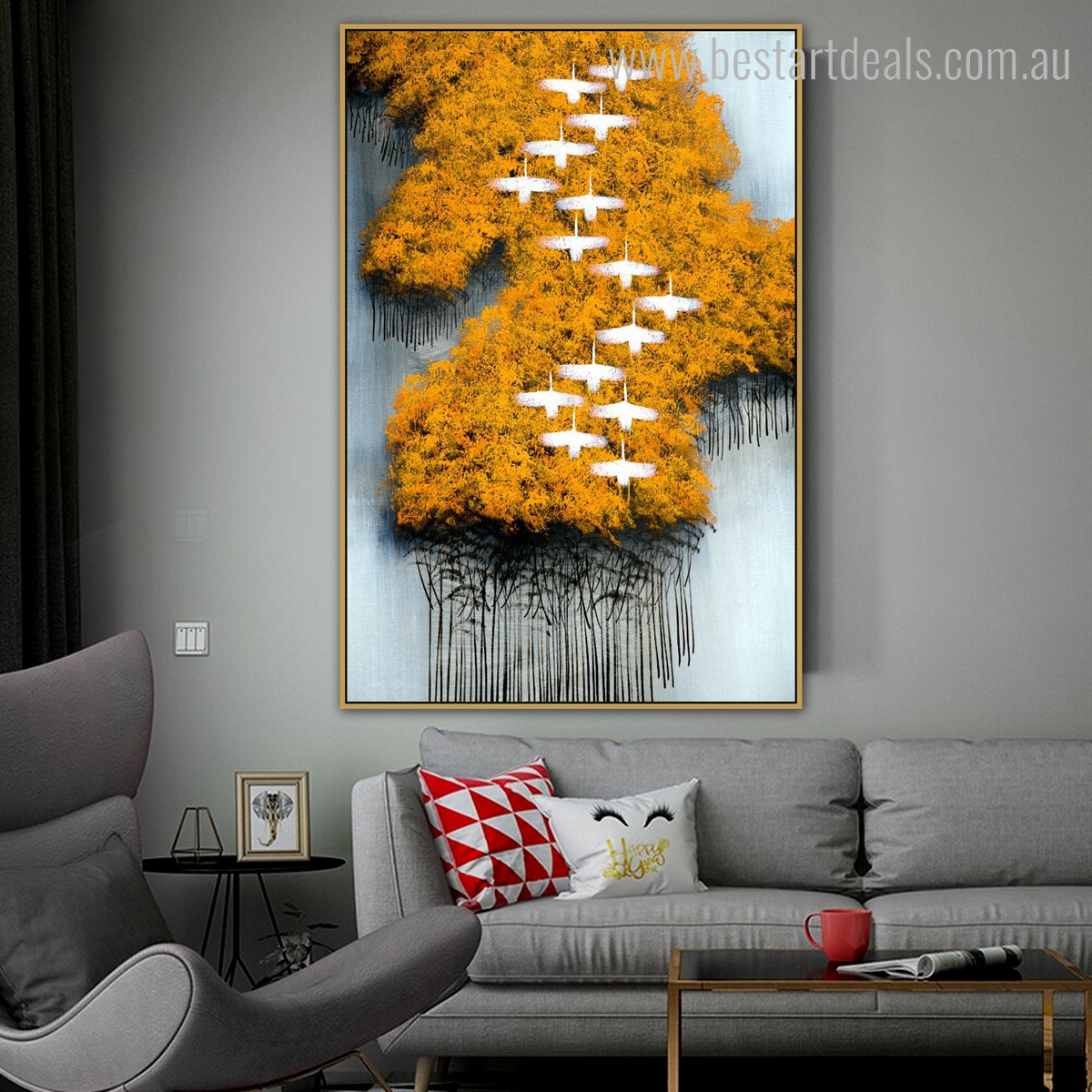 Yellow Trees Abstract Birds Modern Framed Painting Photo Canvas Print for Room Wall Decor