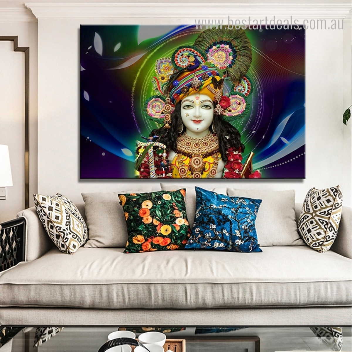 Krishna Floral Religious Framed Painting Picture Canvas Print for Room Wall Finery