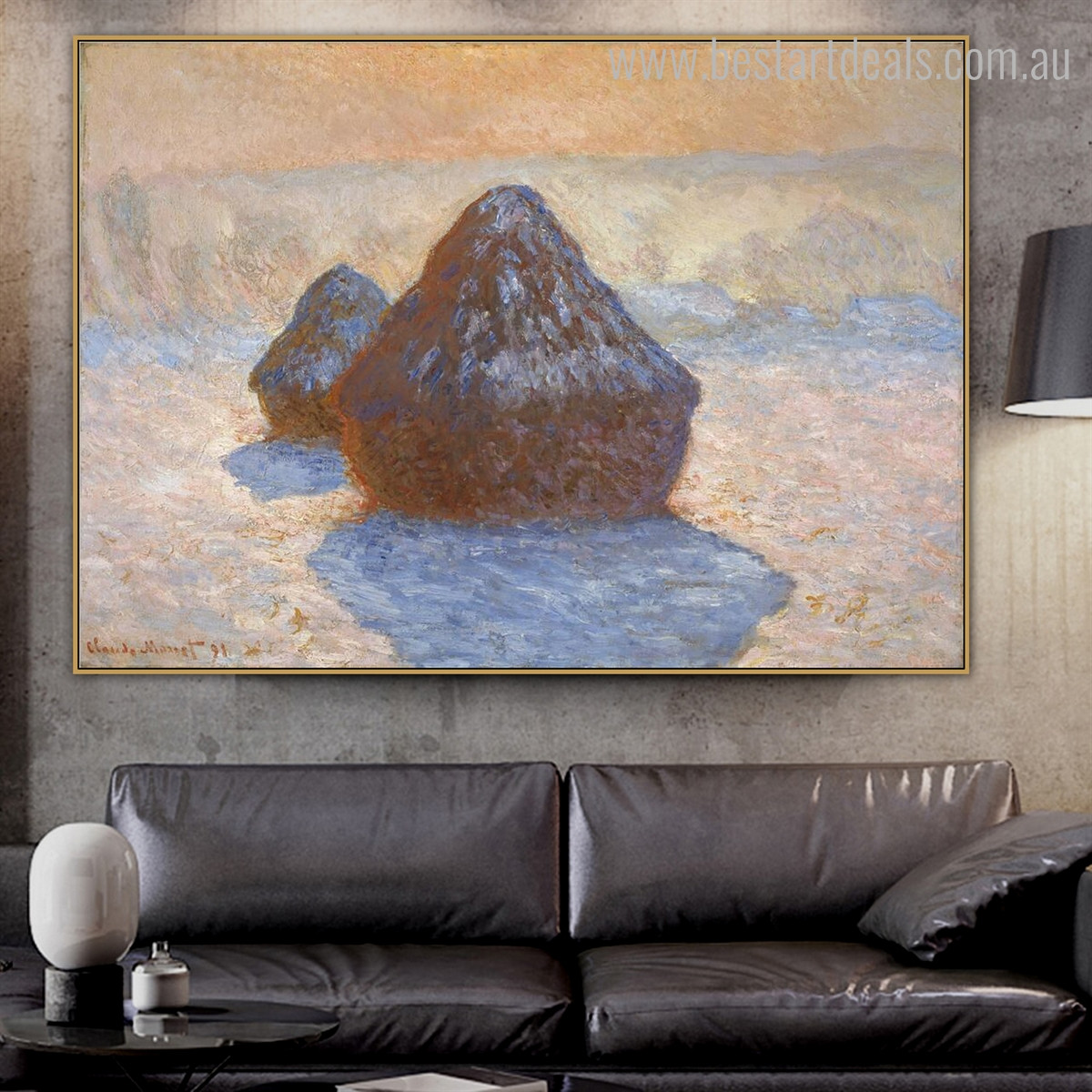 Haystacks Snow Effect Impressionist Reproduction Portrait Canvas Print for Room Wall Getup