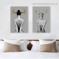 Horn Girl Nude Framed Painting Image Canvas Print for Room Wall Decoration