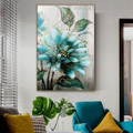 Turquoise Floweret Abstract Botanical Nordic Framed Smudge Portrait Canvas Print for Room Wall Decor