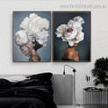 White Florets Topknot Figure Floral Modern Framed Painting Portrait Canvas Print for Room Wall Disposition