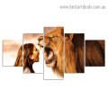 Lady and Lion animal figure Modern Artwork Portrait Canvas Print for Room Wall Ornament