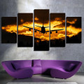 Airplane Sunset Travel Modern Artwork 5 Panel Wrapped Canvas Print for Room Wall Garniture