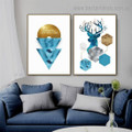 Blue Reindeer Abstract Animal Typography Modern Framed Portrait Image Canvas Print for Room Wall Drape