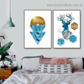 Blue Reindeer Abstract Animal Typography Modern Framed Portrait Picture Canvas Print for Room Wall Décor