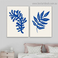 Blue Leaves Botanical Abstract Scandinavian Framed Portrait Picture Canvas Print for Room Wall Adornment