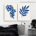 Blue Leaves Botanical Abstract Scandinavian Framed Portrait Artwork Canvas Print for Room Wall Ornament