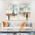 Triumphal Arch Eiffel Tower Vintage 2 Piece Figure Landscape Framed Stretched Wall Art Photograph Canvas Print for Room Drape