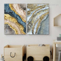 Golden Circuitous Lineament Spots Abstract 2 Piece Artwork Photo Modern Framed Stretched Canvas Print for Room Wall Onlay