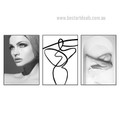 Female Visage Curved Lines Abstract 3 Nordic Piece Artwork Framed Stretched Photo Figure Canvas Print for Room Wall Assortment
