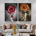 Rosebush Feme Rose Nordic Abstract 2 Piece Framed Stretched Figure Floral Painting Photograph Canvas Print for Room Wall Embellishment