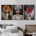  Hued Female Goggle Hat Figure 3 Panel Botanical Painting Photograph Abstract Nordic Framed Stretched Canvas Print for Room Wall Outfit