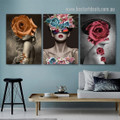 Hued Female Goggle Flowers Nordic Framed Stretched 3 Panel Figure Wall Art Abstract Photograph Botanical Canvas Print for Room Garnish