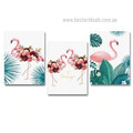 Flamingo Daffodil Leaves Floral 3 Piece Framed Stretched Modern Painting Photograph Bird Canvas Print for Room Wall Tracery