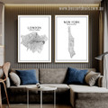 London  New York Map Modern Abstract 2 Piece Framed Stretched Wall Artwork Photograph Typography Canvas Print for Room Decor