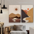 Mountainside Runway Sun Abstract Painting Photo 2 Piece Naturescape Framed Stretched Scandinavian Canvas Print for Room Wall Finery