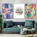 Life Is Beautiful Blossom Cactus Quotes 3 Piece Floral Modern Artwork Photo Framed Stretched Canvas Print for Room Wall Ornament