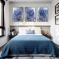Blue Peony Leafage Floral Abstract Framed Stretched Canvas Print Photograph Modern Painting 3 Piece for Room Ornament Collection
