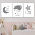 Little One Shiner Clouds Nursery Art Modern 3 Panel Typography Stretched Framed Canvas Print Photo for Room Wall Flourish