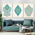 Islamic Bloom Turquoise Leaves Minimalist Framed Stretched Floral Modern Art Image 3 Piece Canvas Print for Room Wall Finery