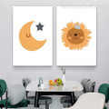 Cute Lion Portrait Moon Nursery Minimalist Pattern 2 Panel Animal Wall Set Painting Picture Stretched Canvas Print for Bed Room Garnish Ideas