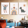 Dinosaur And Bear Cartoon Minimalist Animal Photograph Nursery 3 Piece Set Stretched Kids Canvas Print for Room Wall Artwork Trimming