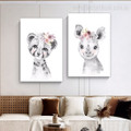 Cub And Calf Animal Floral Photograph Minimalist Nursery 2 Piece Set Stretched Canvas Print for Room Wall Art Décor