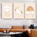 Animated Unicorn Moon Minimalist Nature 3 Multi Panel Painting Set Photograph Stretched Nursery Canvas Print for Room Wall Drape