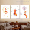 Fox Flying Balloon Moon Nursery Animal Pattern 3 Panel Nature Wall Set Painting Picture Stretched Canvas Print for Bed Room Garnish Ideas