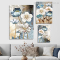 Blue And White Daffodils Modern Floral Stretched Abstract Photograph 3 Piece Framed Wall Art Set Canvas Print for Room Flourish